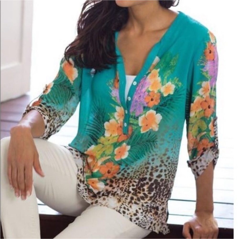 Soft Surroundings Teal Tropical Cheetah Chiffon Blouse Shirt Women’s Size XS